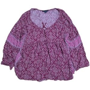 American Eagle Outfitters Floral Peasant Blouse Women's Size M Burgundy Lace Up